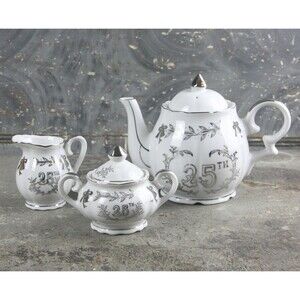 Lefton 25th Anniversary Teapot, Creamer, and Sugar Set, white and grey, vintage